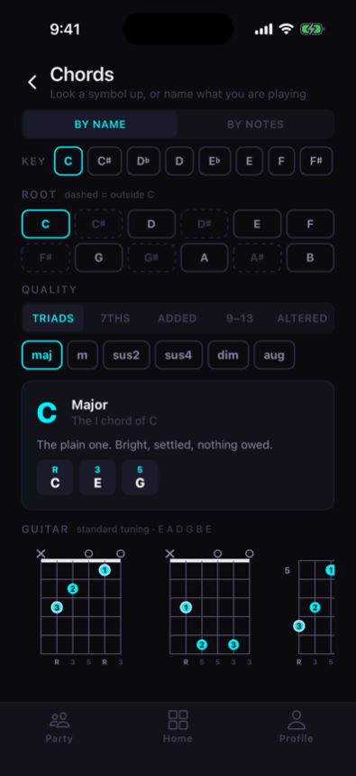 Chord lookup showing C major with three guitar fingerings