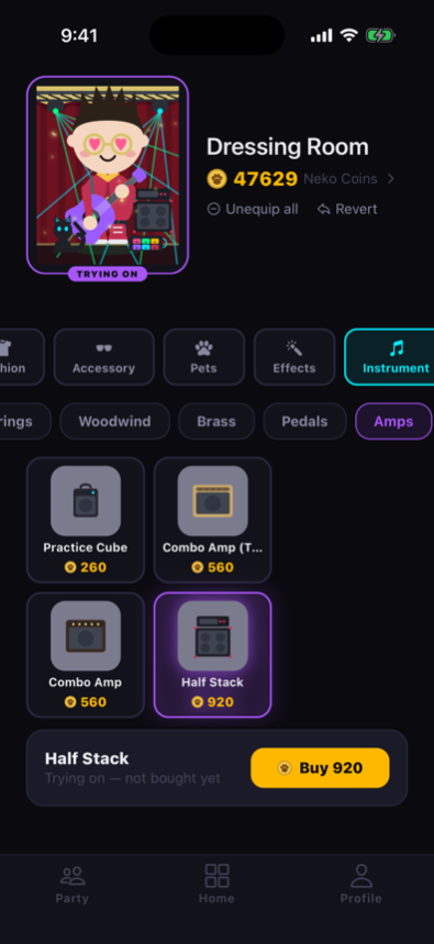 The Dressing Room: an avatar trying on gear, with outfits, pets, effects, and instruments to buy with Neko Coins
