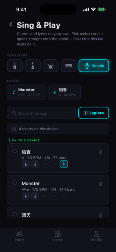 Sing & Play catalogue with charts stored on the device