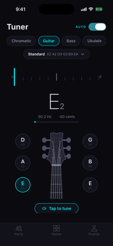 Guitar tuner showing E2 with auto string detection
